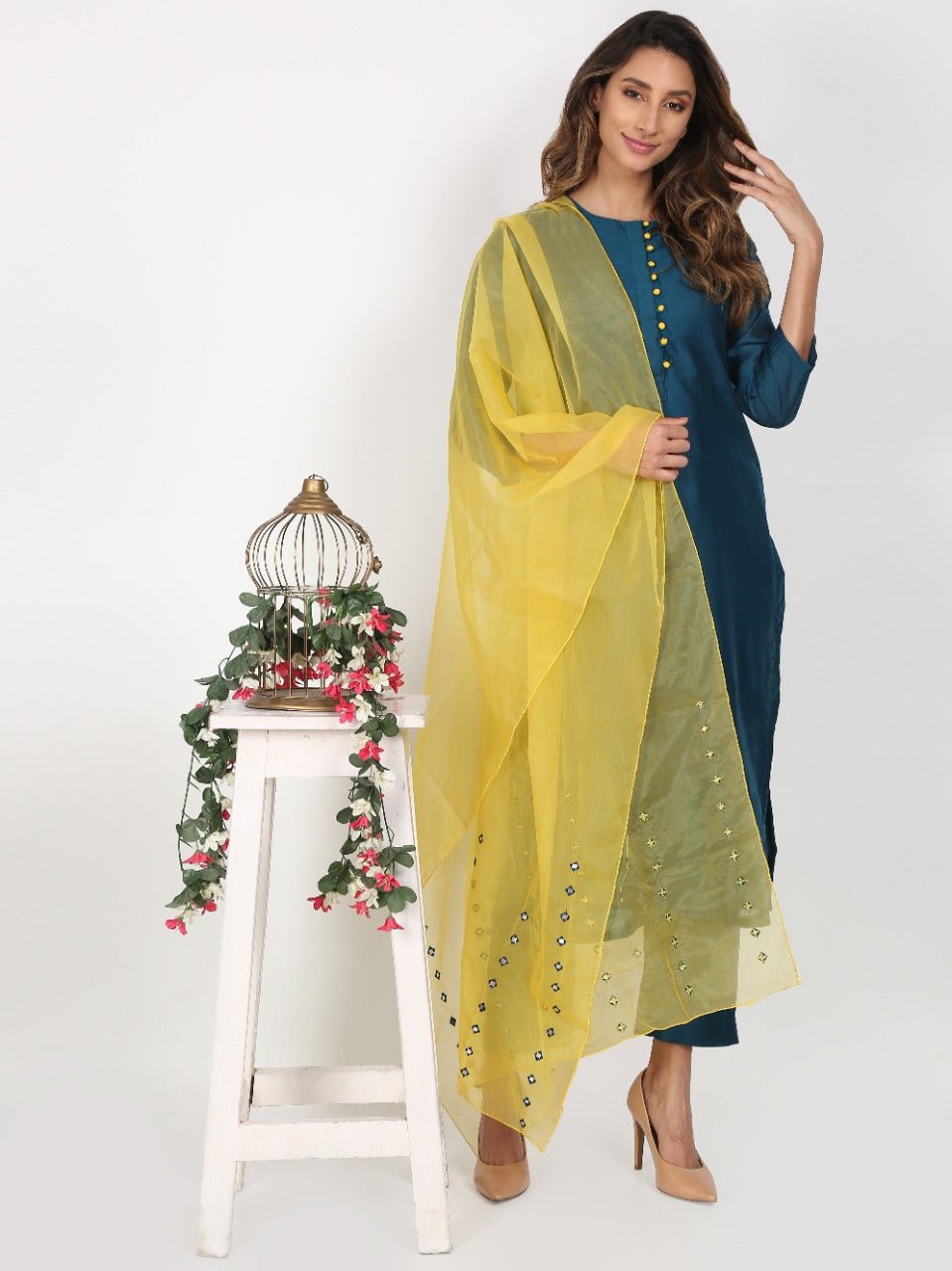 TURQUOISE CHANDERI SUIT SET - DWEEP SARA