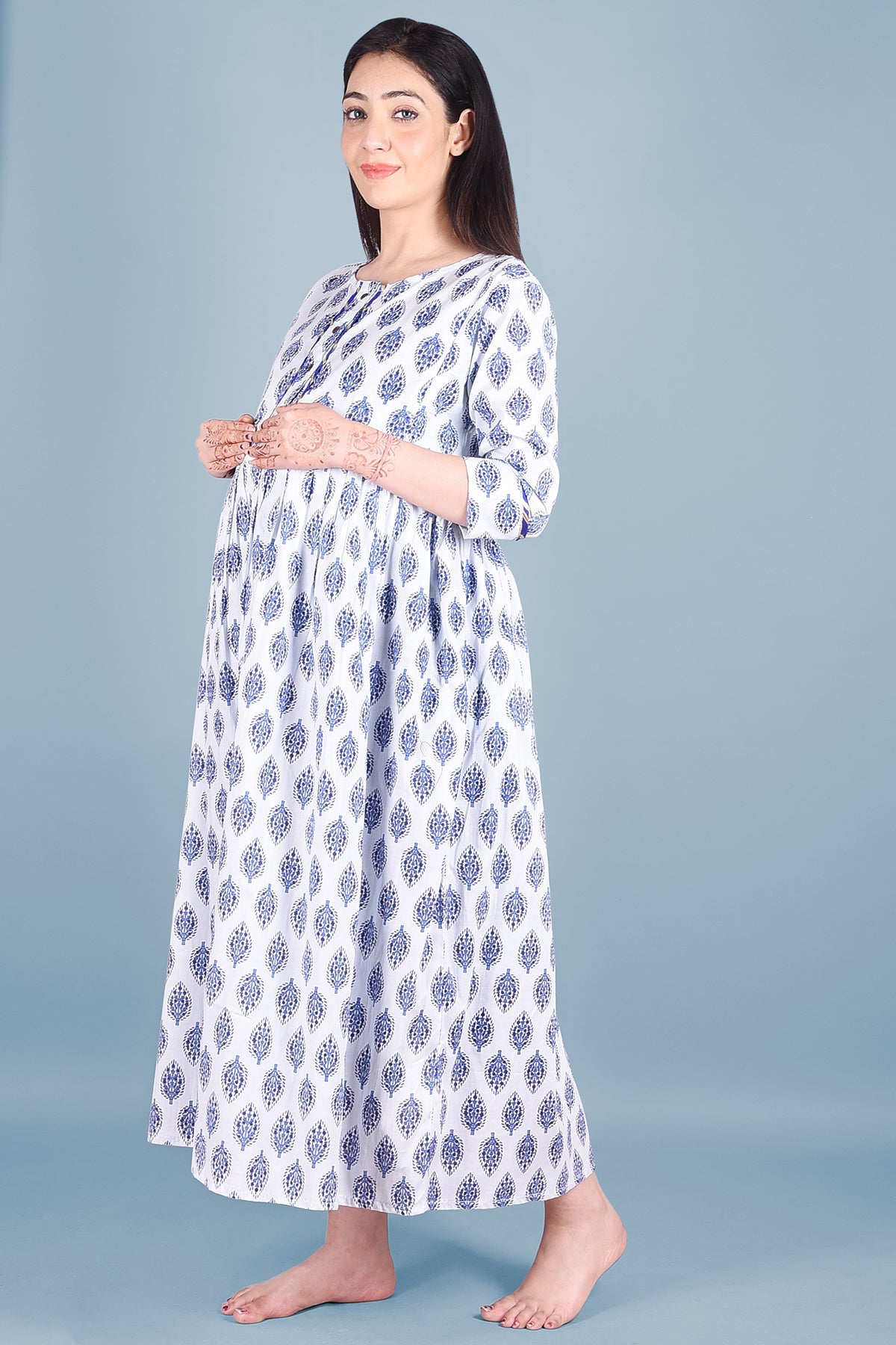 White & Blue Block Printed Maternity Dress - DWEEP SARA