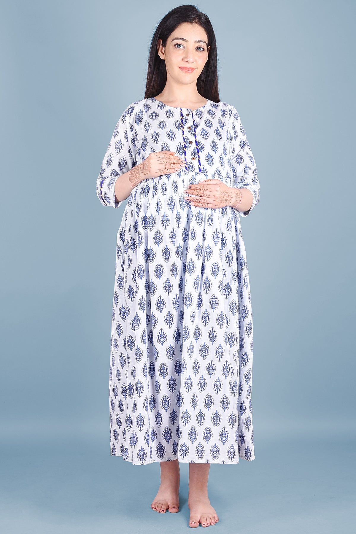 White & Blue Block Printed Maternity Dress - DWEEP SARA