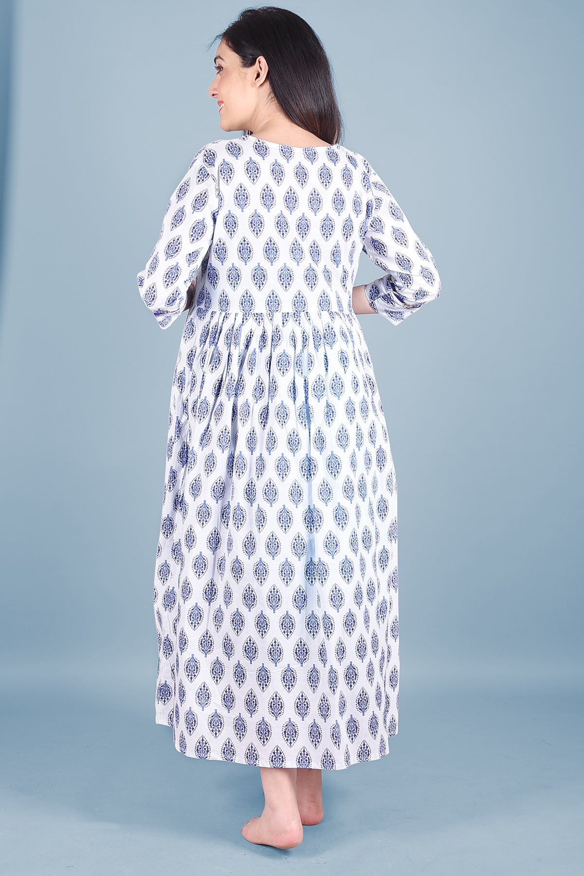 White & Blue Block Printed Maternity Dress - DWEEP SARA