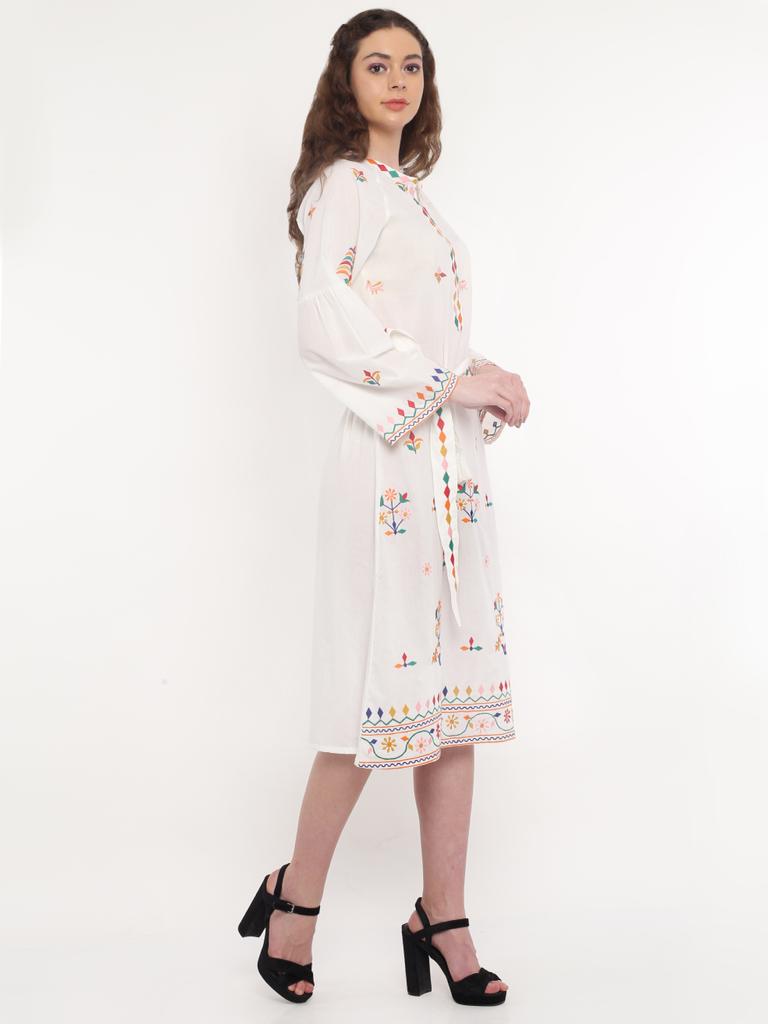 White Embroidery Cotton Ladies Dress - DWEEP SARA