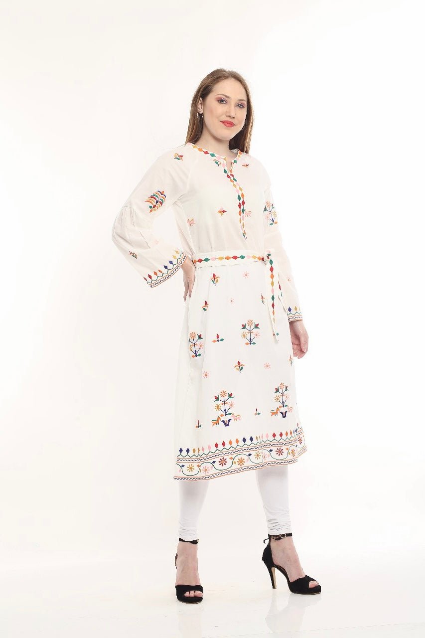 White Embroidery Cotton Ladies Dress - DWEEP SARA