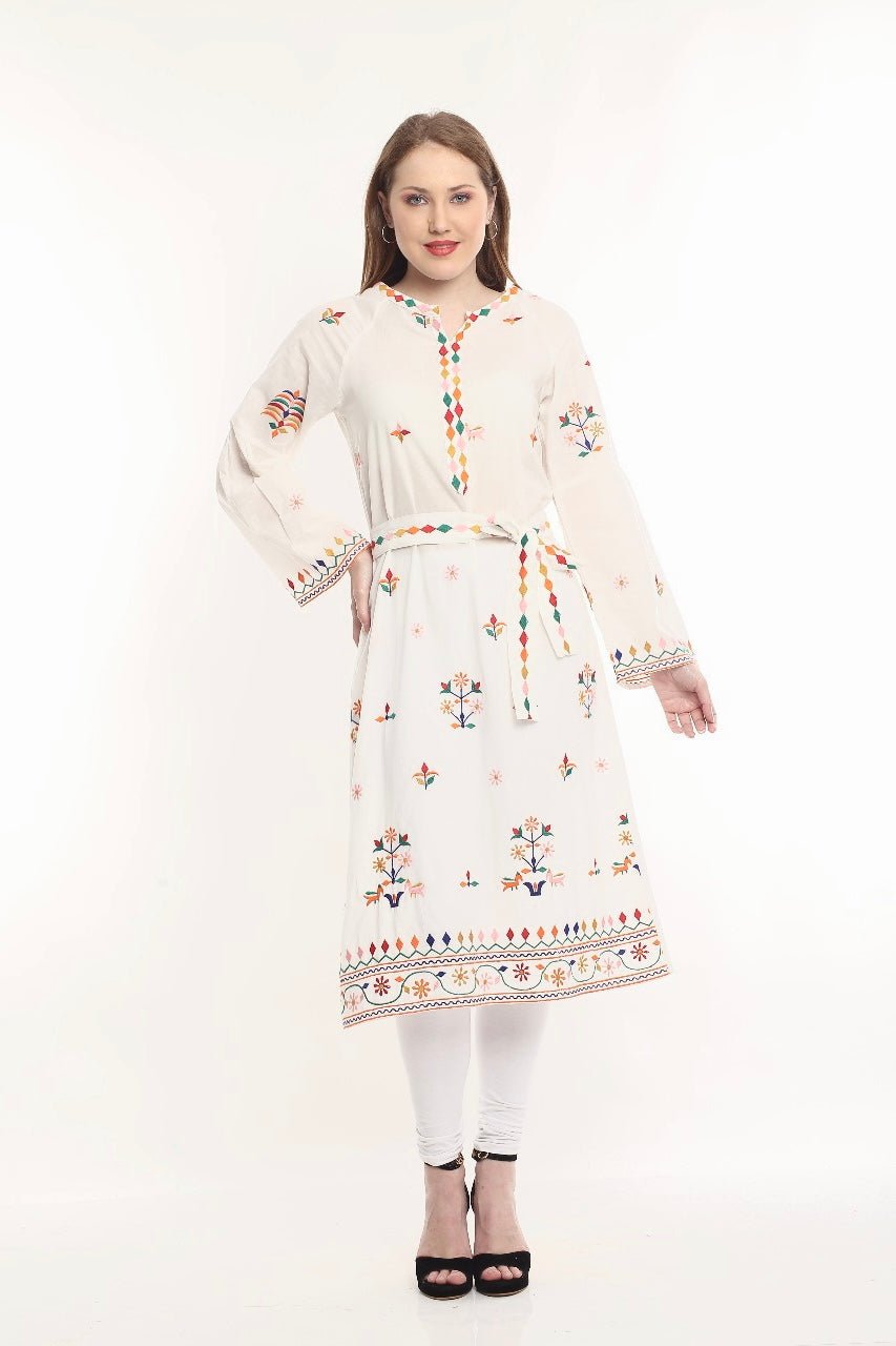 White Embroidery Cotton Ladies Dress - DWEEP SARA