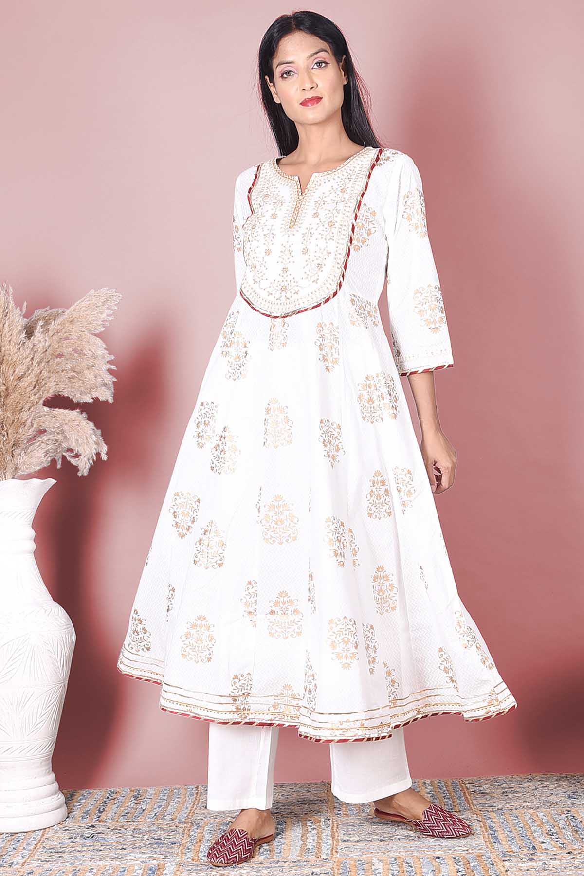 White & Gold Cotton Printed Suit Set - DWEEP SARA