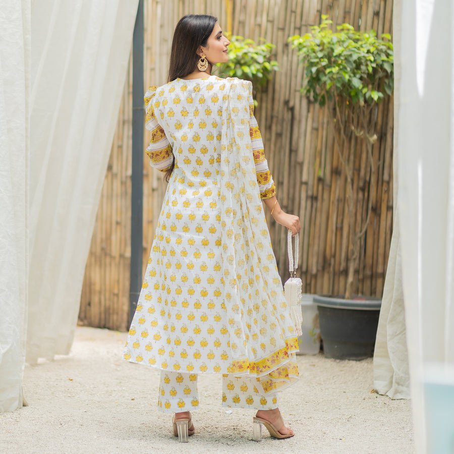 White & Golden Printed Suit Set - DWEEP SARA