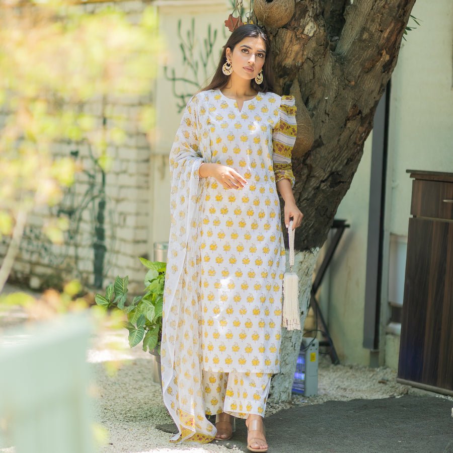 White & Golden Printed Suit Set - DWEEP SARA