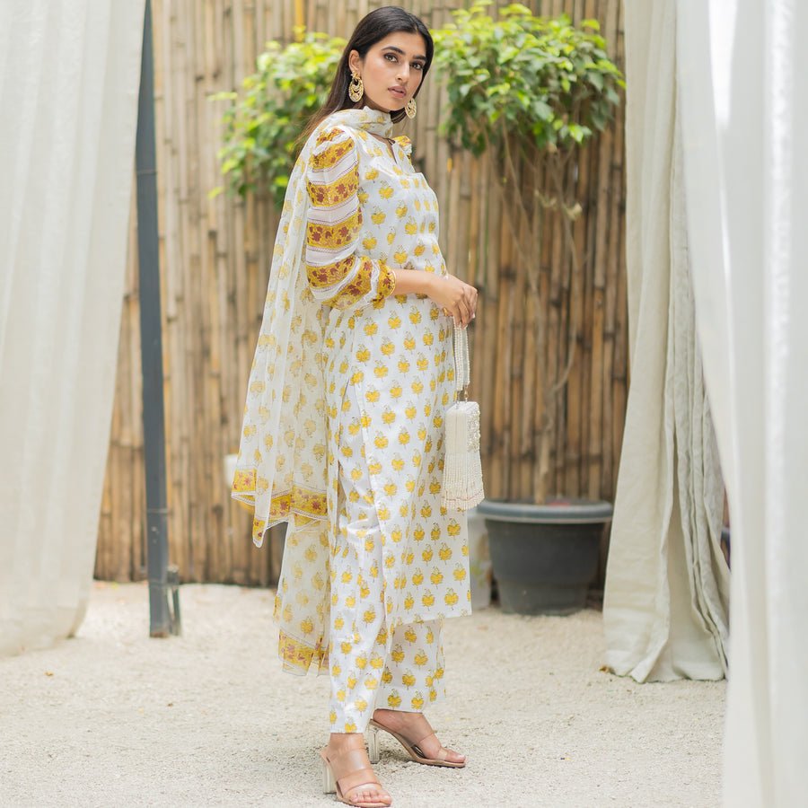 White & Golden Printed Suit Set - DWEEP SARA