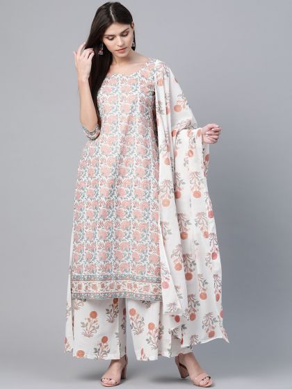 White Kurta Palazzo Set With Dupatta - DWEEP SARA