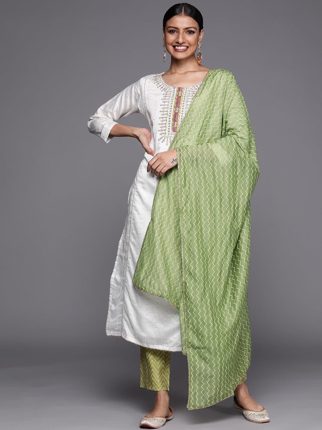 White & Parrot Green Chanderi Silk Suit Set - DWEEP SARA