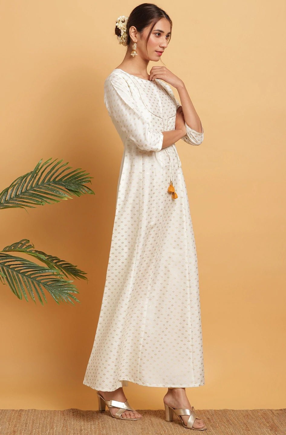 White Poly Silk Gold Print Dress - DWEEP SARA