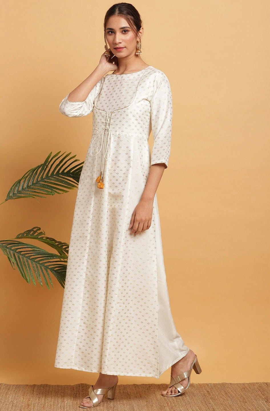 White Poly Silk Gold Print Dress - DWEEP SARA