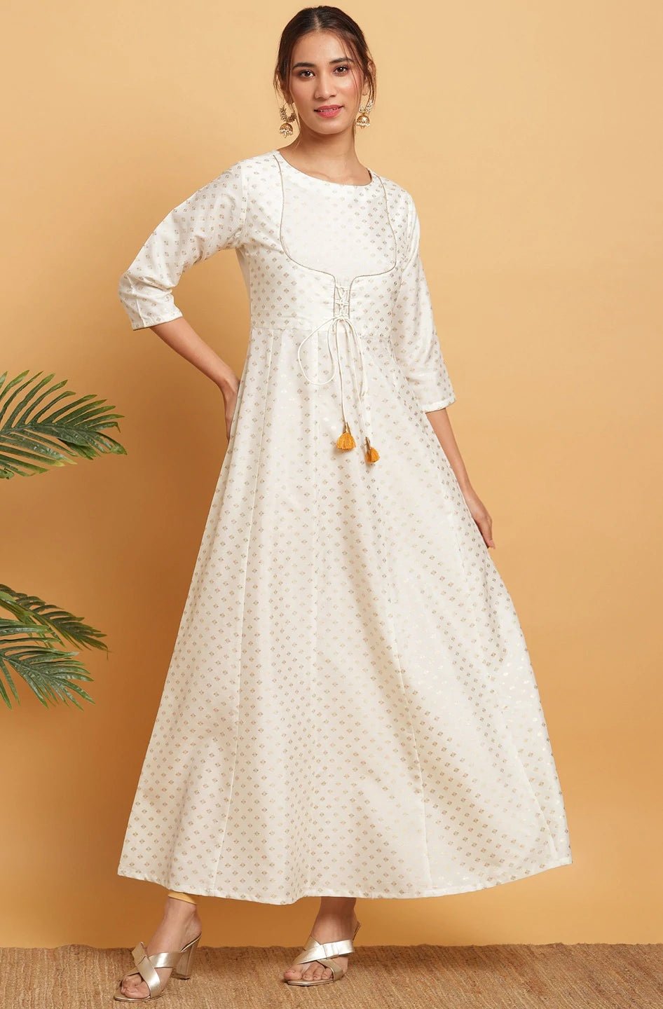 White Poly Silk Gold Print Dress - DWEEP SARA