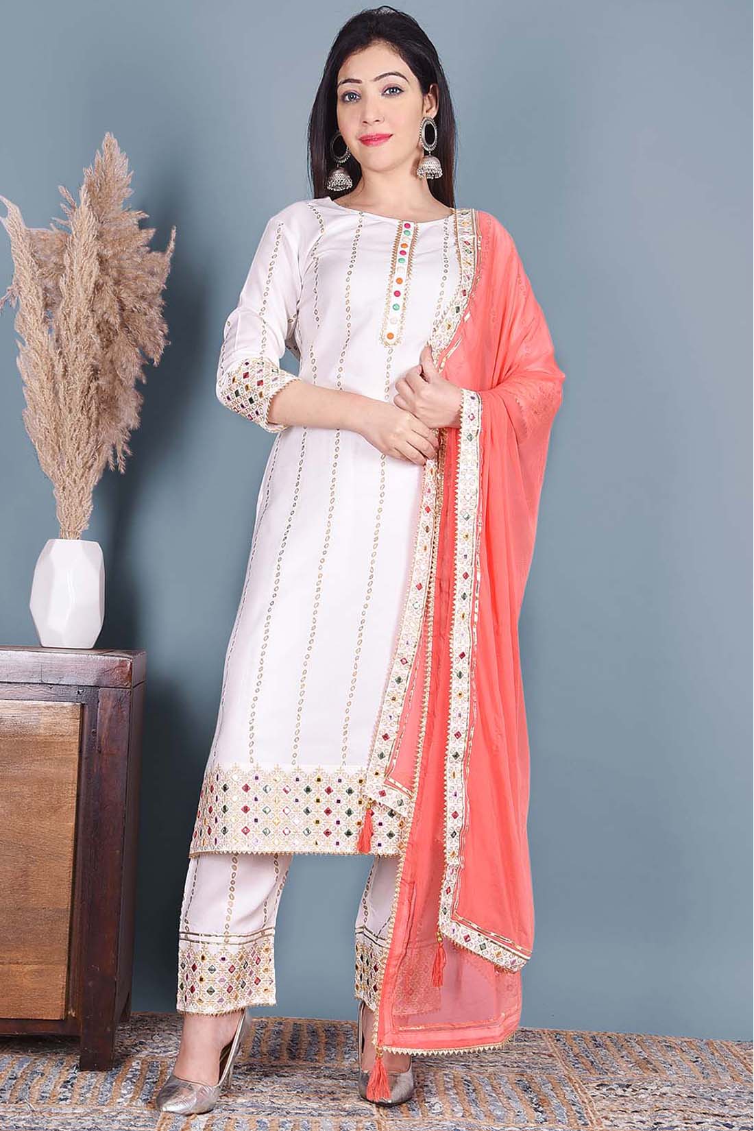 White Rayon Embroidery Kurta Pant Set - DWEEP SARA