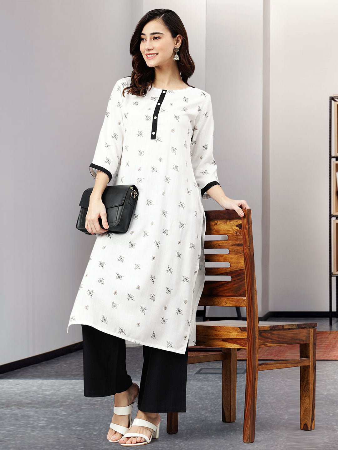 White Rayon Slub Kurta Palazzo Set - DWEEP SARA