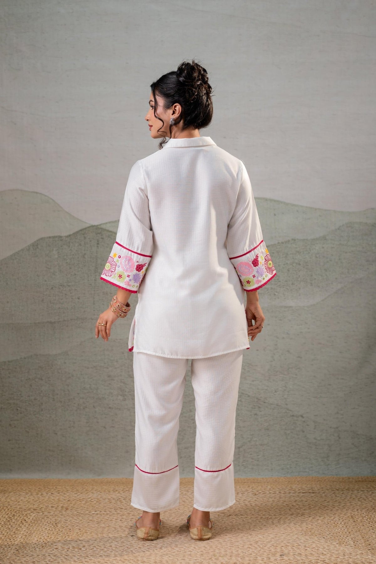 White Viscose Bloom Tassel Kurta Co-Ord Set - DWEEP SARA