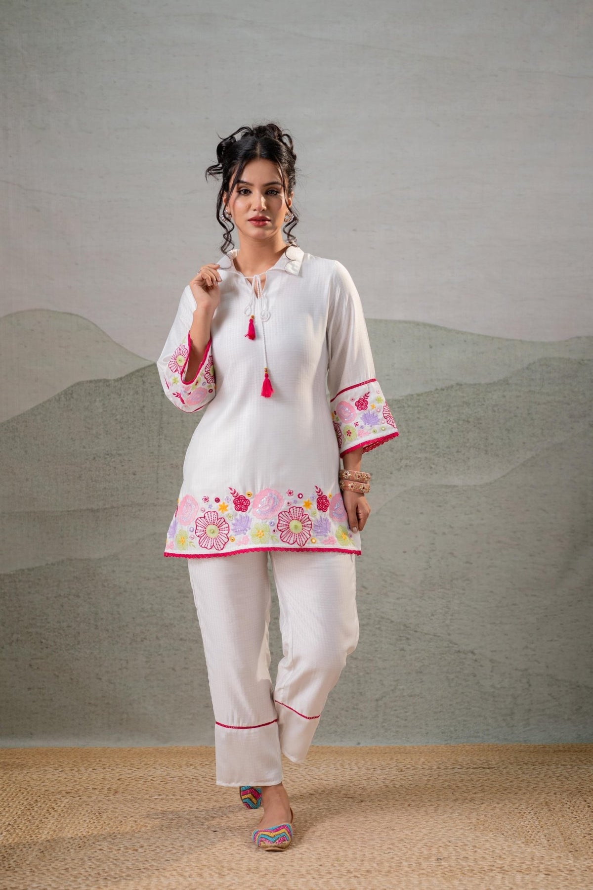 White Viscose Bloom Tassel Kurta Co-Ord Set - DWEEP SARA
