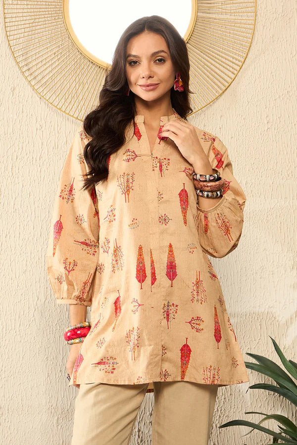Women’s Beige Cotton Blend Floral Printed Regular Top Short Kurti Tunic – 3/4 Cuffed Sleeves | Mandarin Collar | Straight Fit | Casual Wear | Cotton Blend Fabric - DWEEP SARA