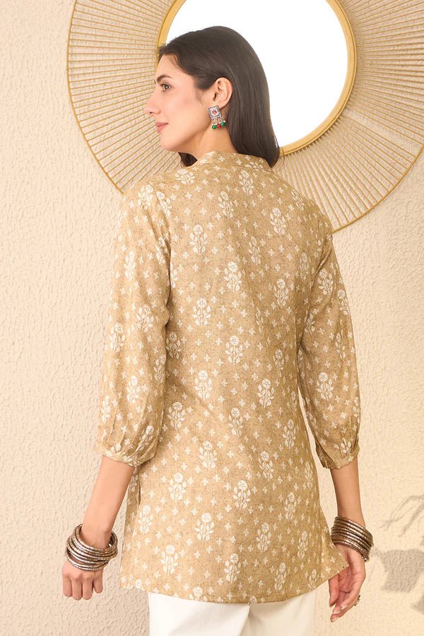 Women’s Beige Cotton Blend Floral Printed Regular Top /Short Kurti/ Tunic– V - Neck | 3/4 Sleeves | Straight Fit | Daily Casual Wear | Side Slit Design - DWEEP SARA