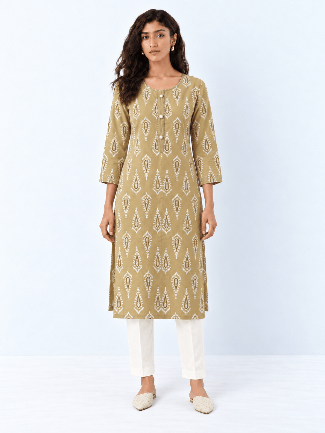 Women’s Beige Paisley Printed Straight Kurta with Sequin Details - DWEEP SARA