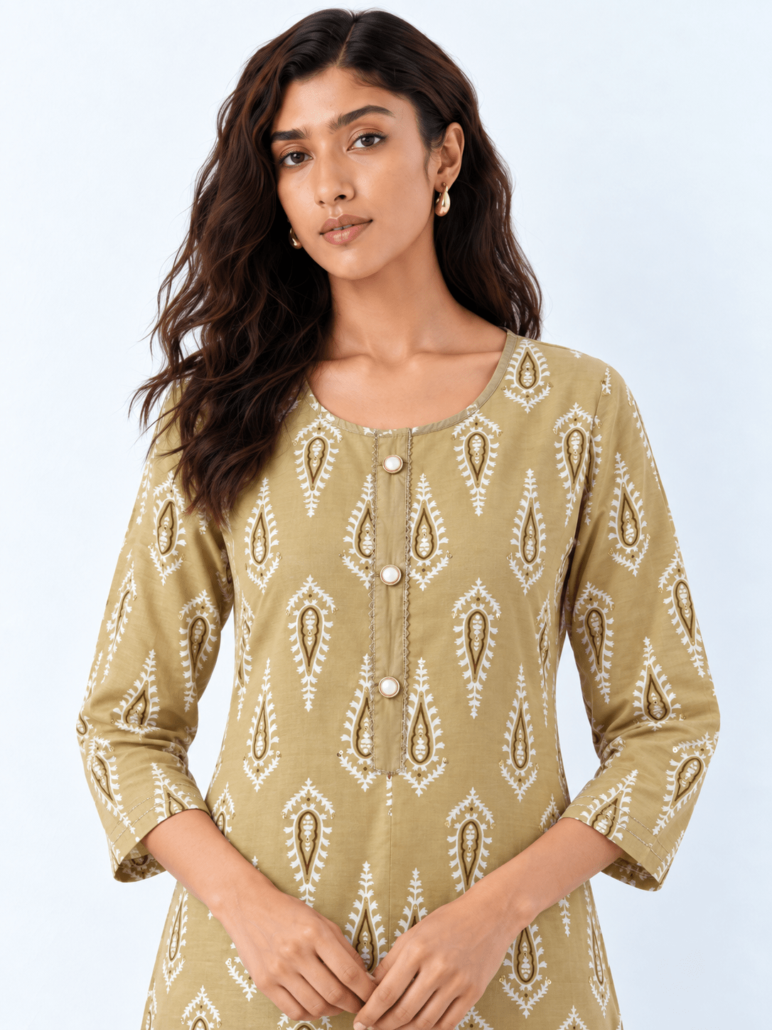 Women’s Beige Paisley Printed Straight Kurta with Sequin Details - DWEEP SARA