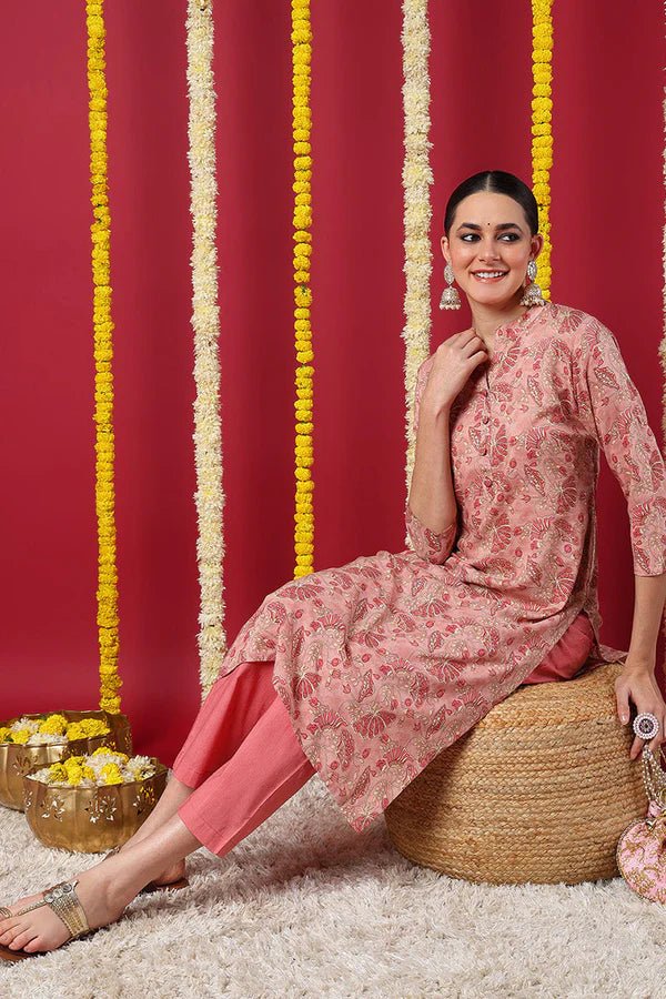 Women’s Peach Viscose Rayon Floral Printed Straight Kurta – Elegant Daily & Festive Ethnic Wear | 3/4 Sleeves | Viscose Rayon - DWEEP SARA