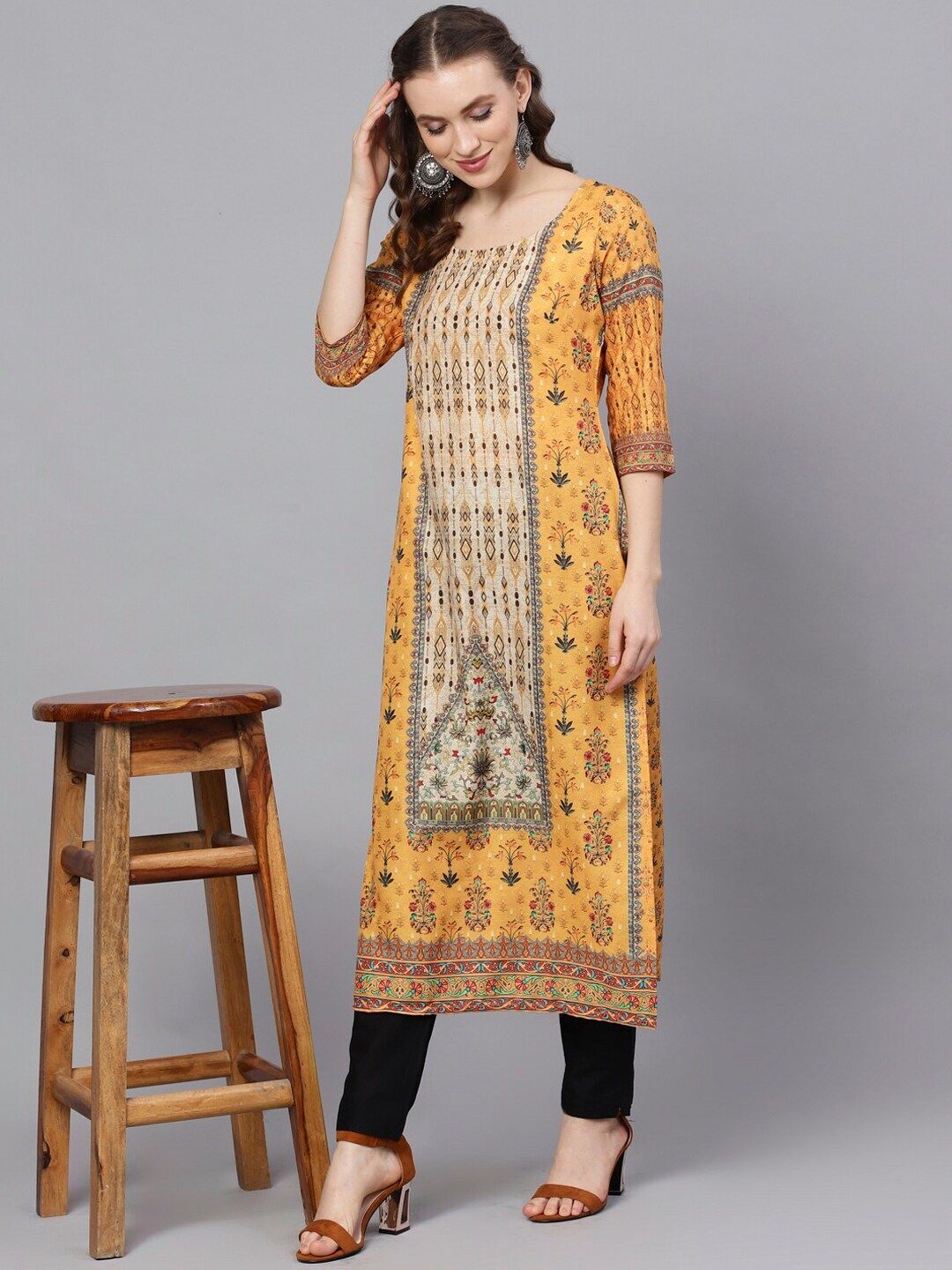 Yellow Digital Printed Silk Kurta With Pockets - DWEEP SARA