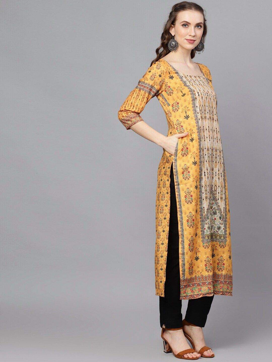 Yellow Digital Printed Silk Kurta With Pockets - DWEEP SARA