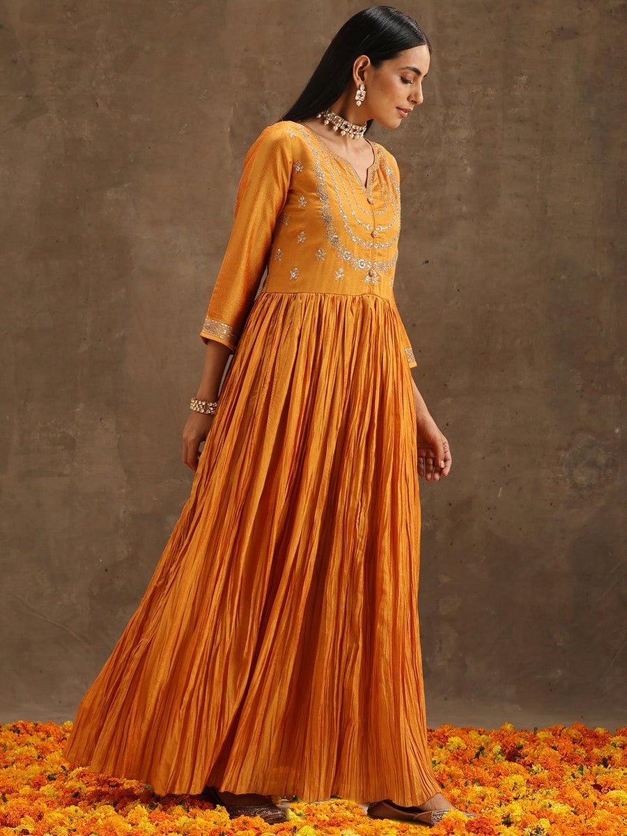 Yellow Embroidered Silk Blend Anarkali Suit Set With Trousers - DWEEP SARA