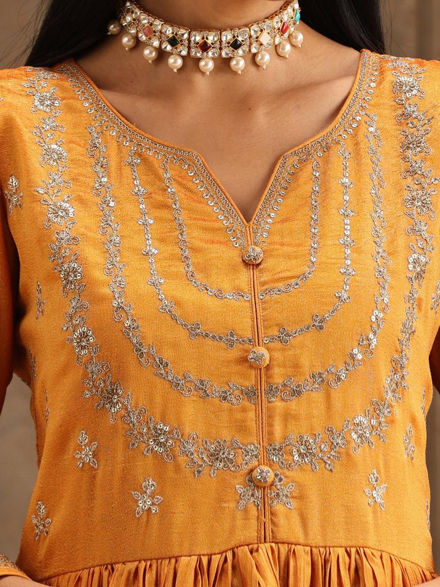 Yellow Embroidered Silk Blend Anarkali Suit Set With Trousers - DWEEP SARA