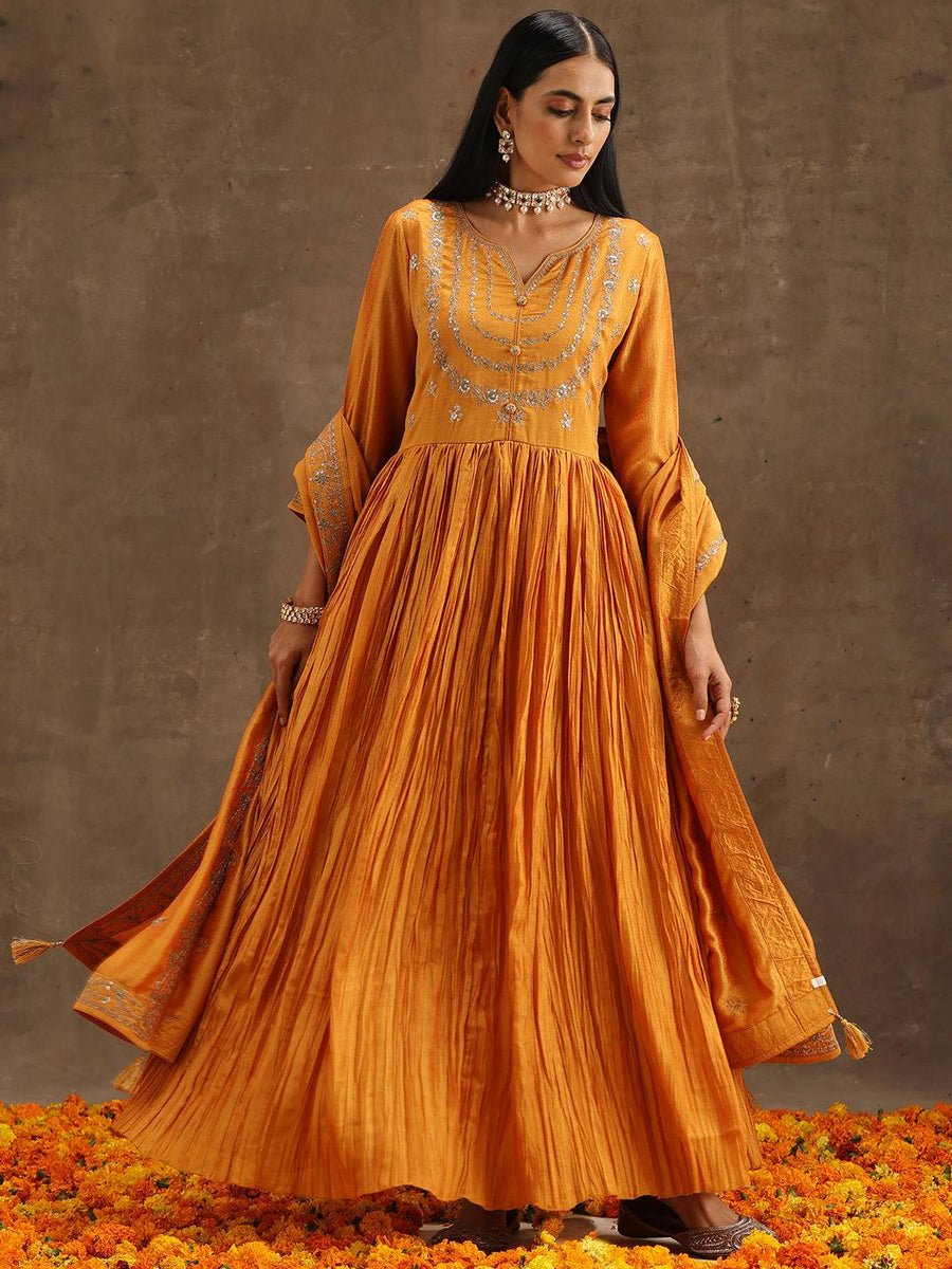 Yellow Embroidered Silk Blend Anarkali Suit Set With Trousers - DWEEP SARA