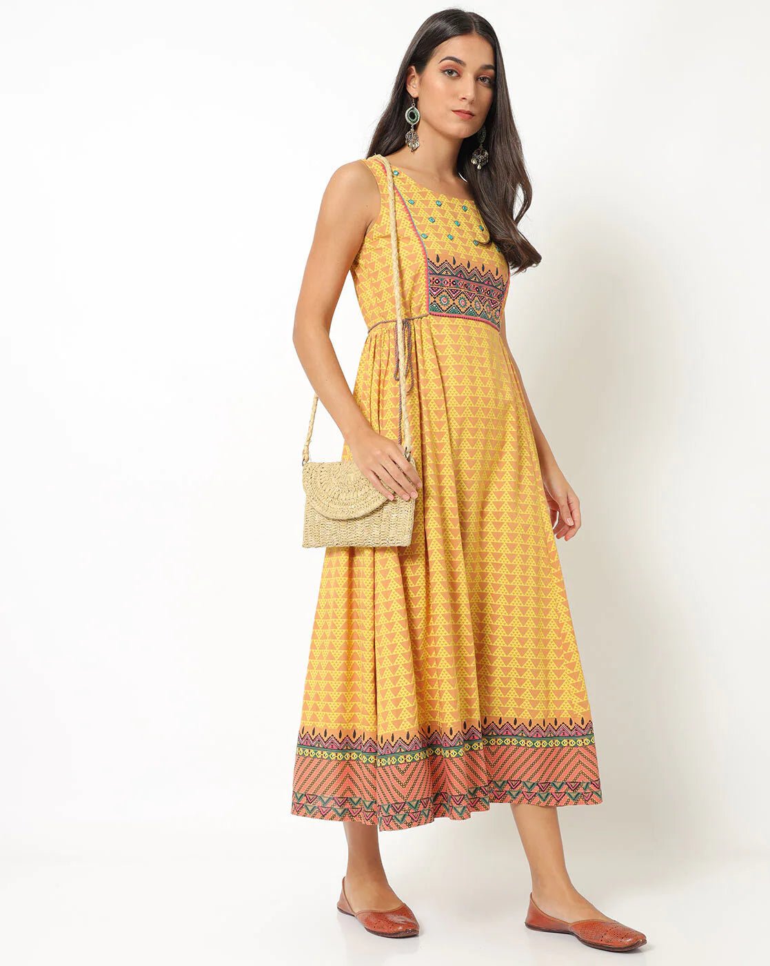 Yellow Flared Dress with Tie - Up - DWEEP SARA