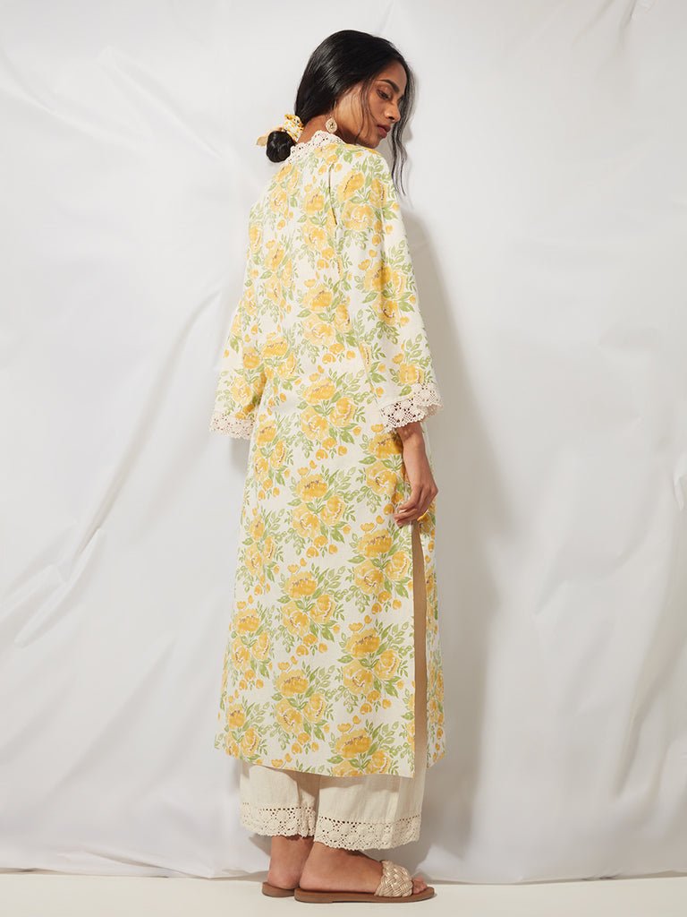 Yellow Floral Patterned A - Line Kurta - DWEEP SARA