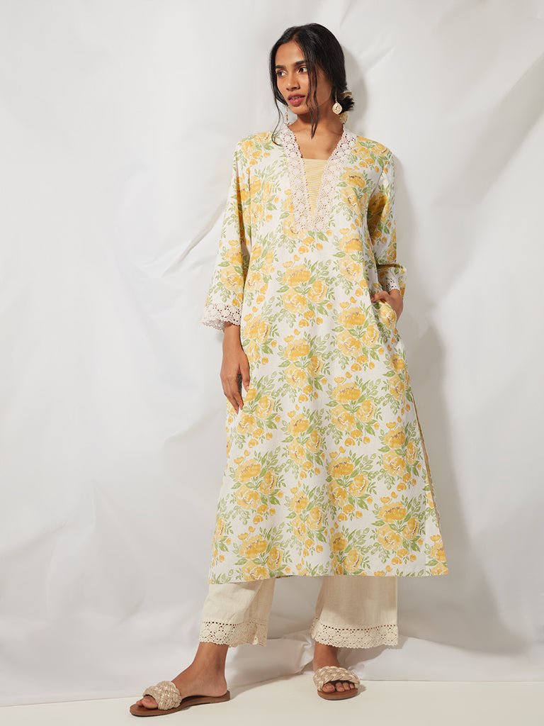 Yellow Floral Patterned A - Line Kurta - DWEEP SARA