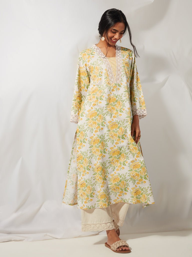 Yellow Floral Patterned A - Line Kurta - DWEEP SARA