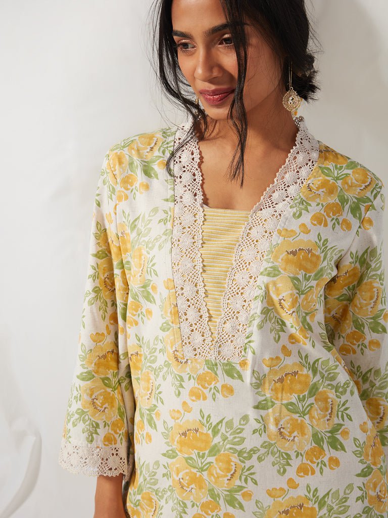 Yellow Floral Patterned A - Line Kurta - DWEEP SARA