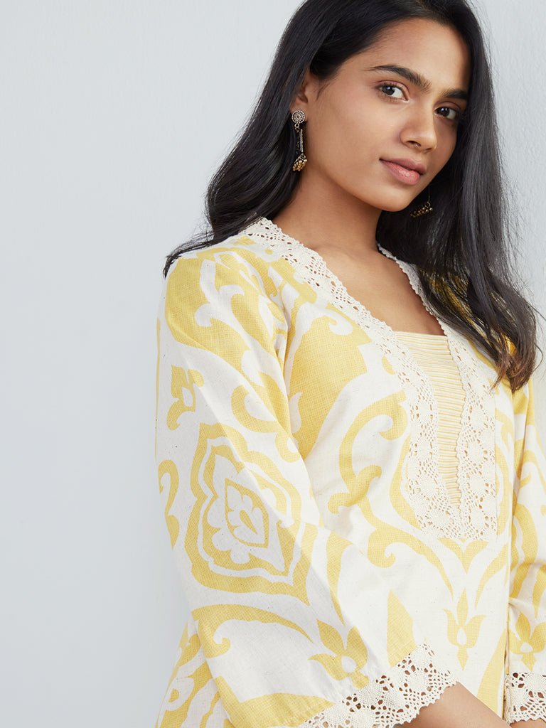 Yellow Printed Cotton Pocket Kurta - DWEEP SARA