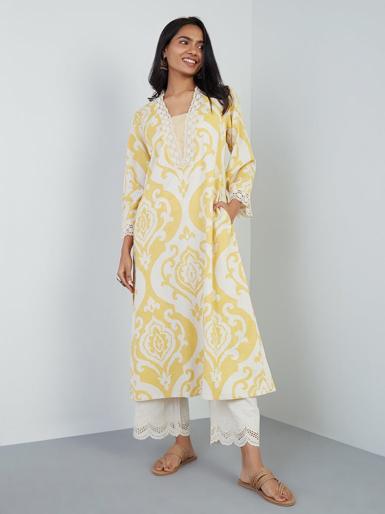 Yellow Printed Cotton Pocket Kurta - DWEEP SARA