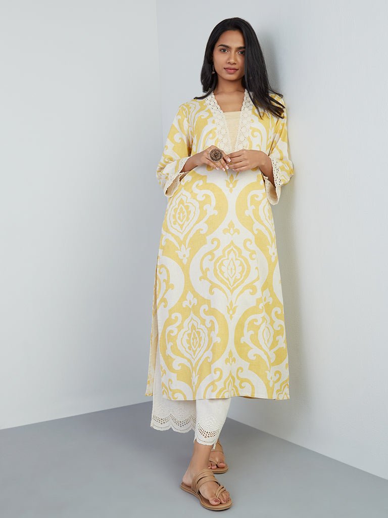 Yellow Printed Cotton Pocket Kurta - DWEEP SARA