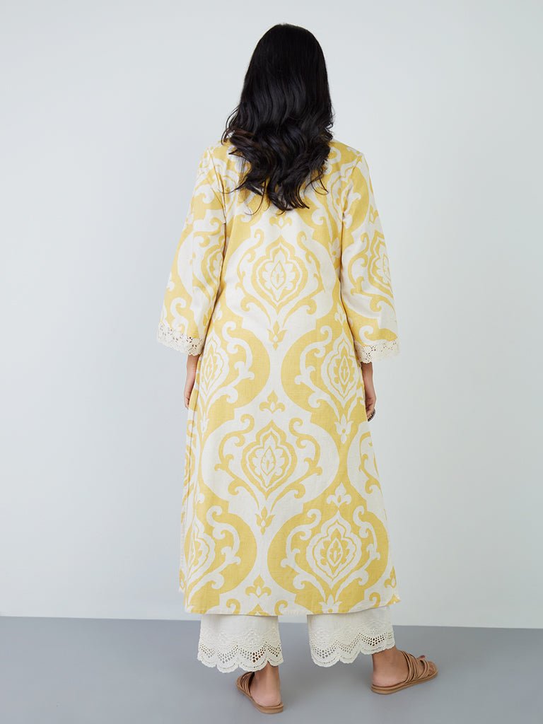 Yellow Printed Cotton Pocket Kurta - DWEEP SARA