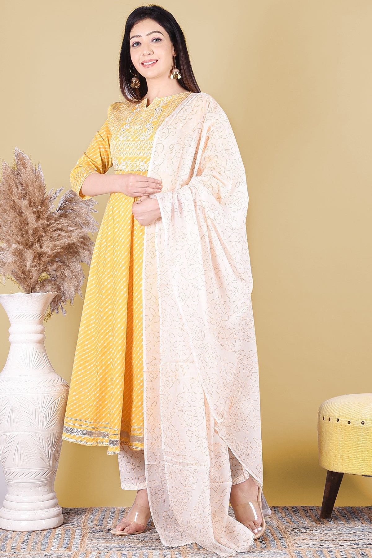 Yellow Printed Embroidery Kurta Set - DWEEP SARA