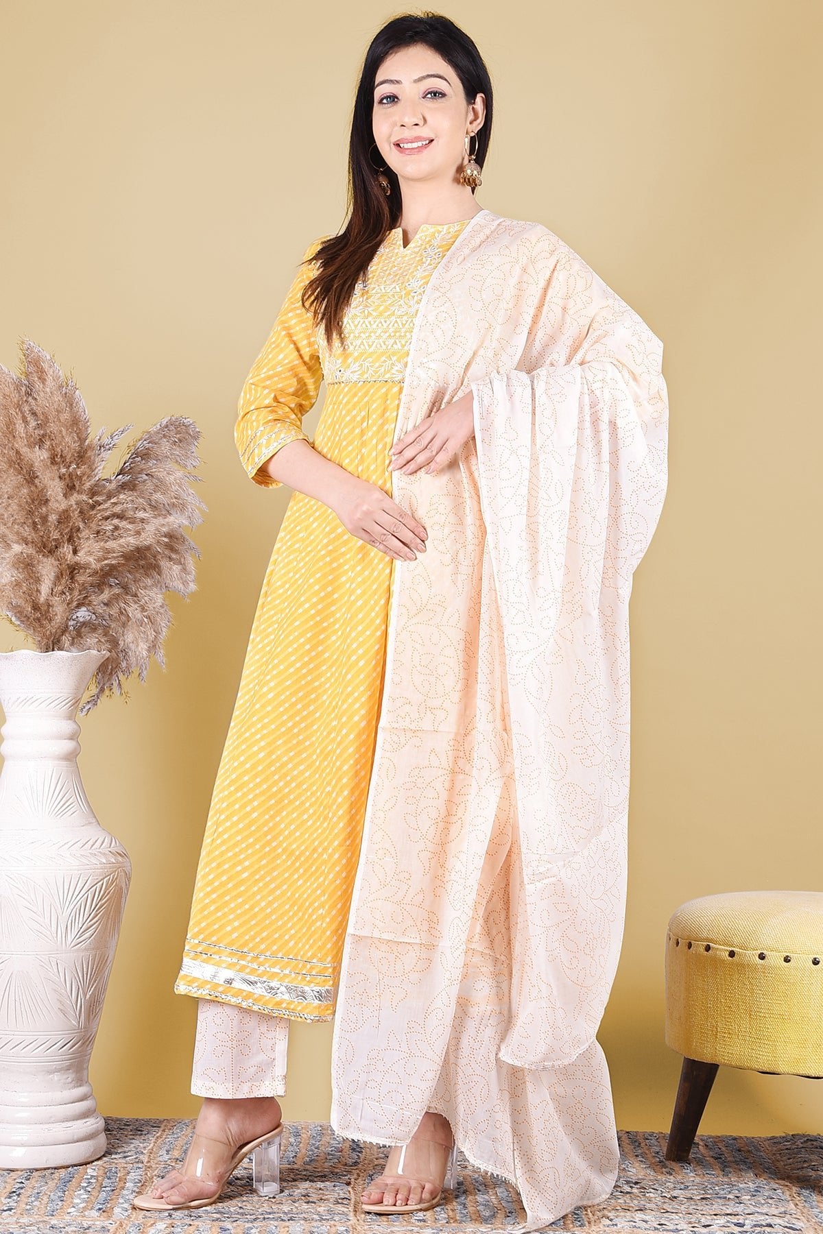 Yellow Printed Embroidery Kurta Set - DWEEP SARA