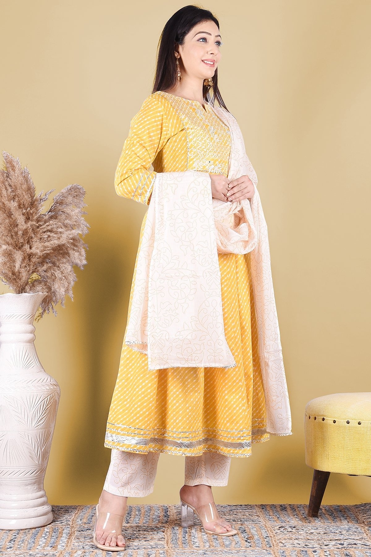 Yellow Printed Embroidery Kurta Set - DWEEP SARA