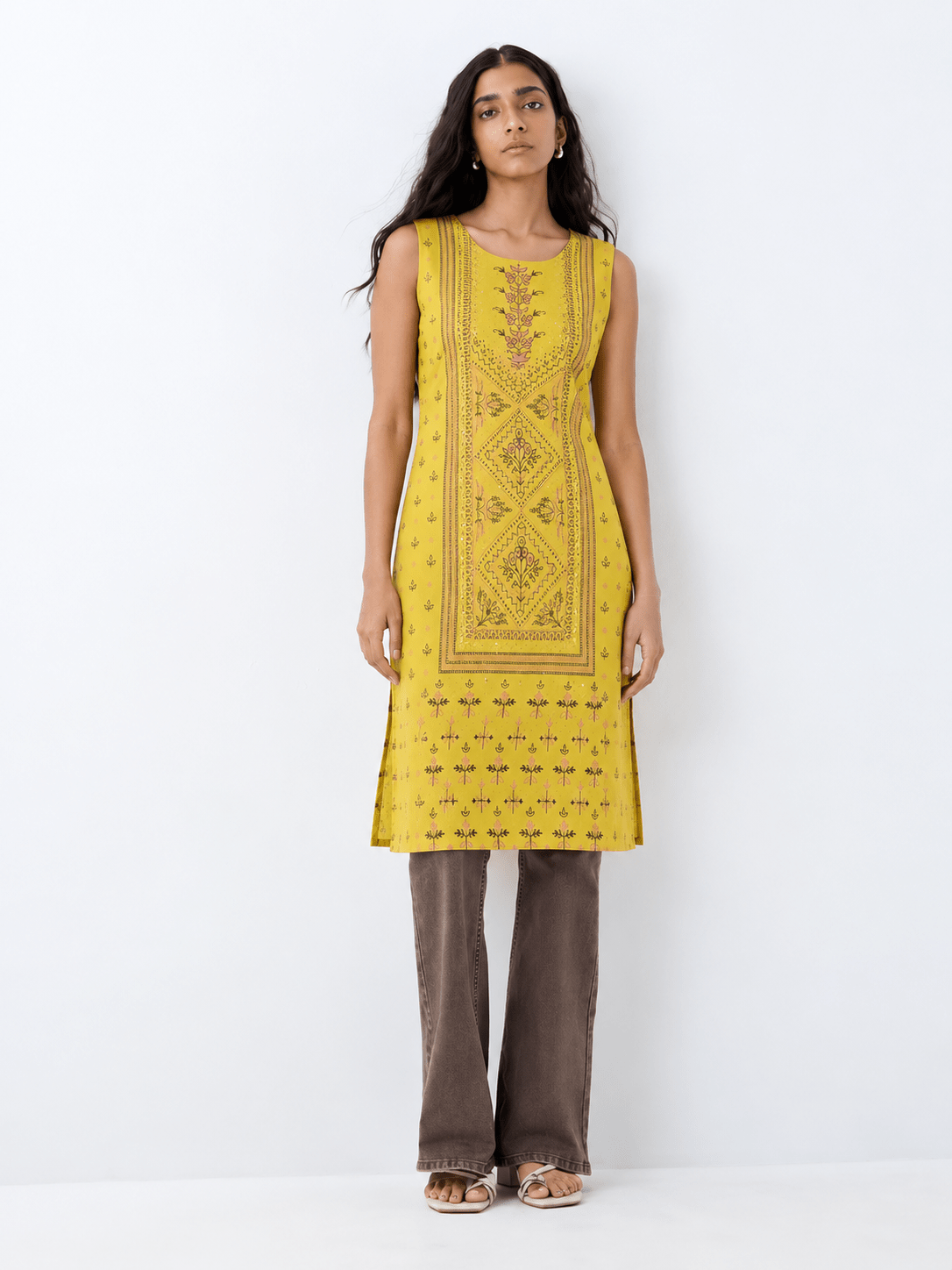 Yellow Printed Rayon Straight Kurta with Stone Detailing - DWEEP SARA
