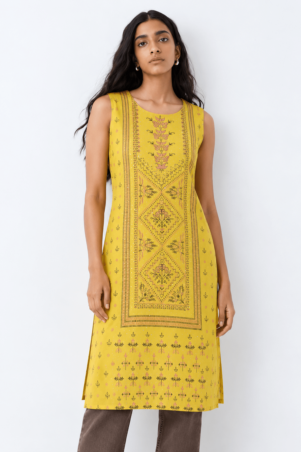Yellow Printed Rayon Straight Kurta with Stone Detailing - DWEEP SARA