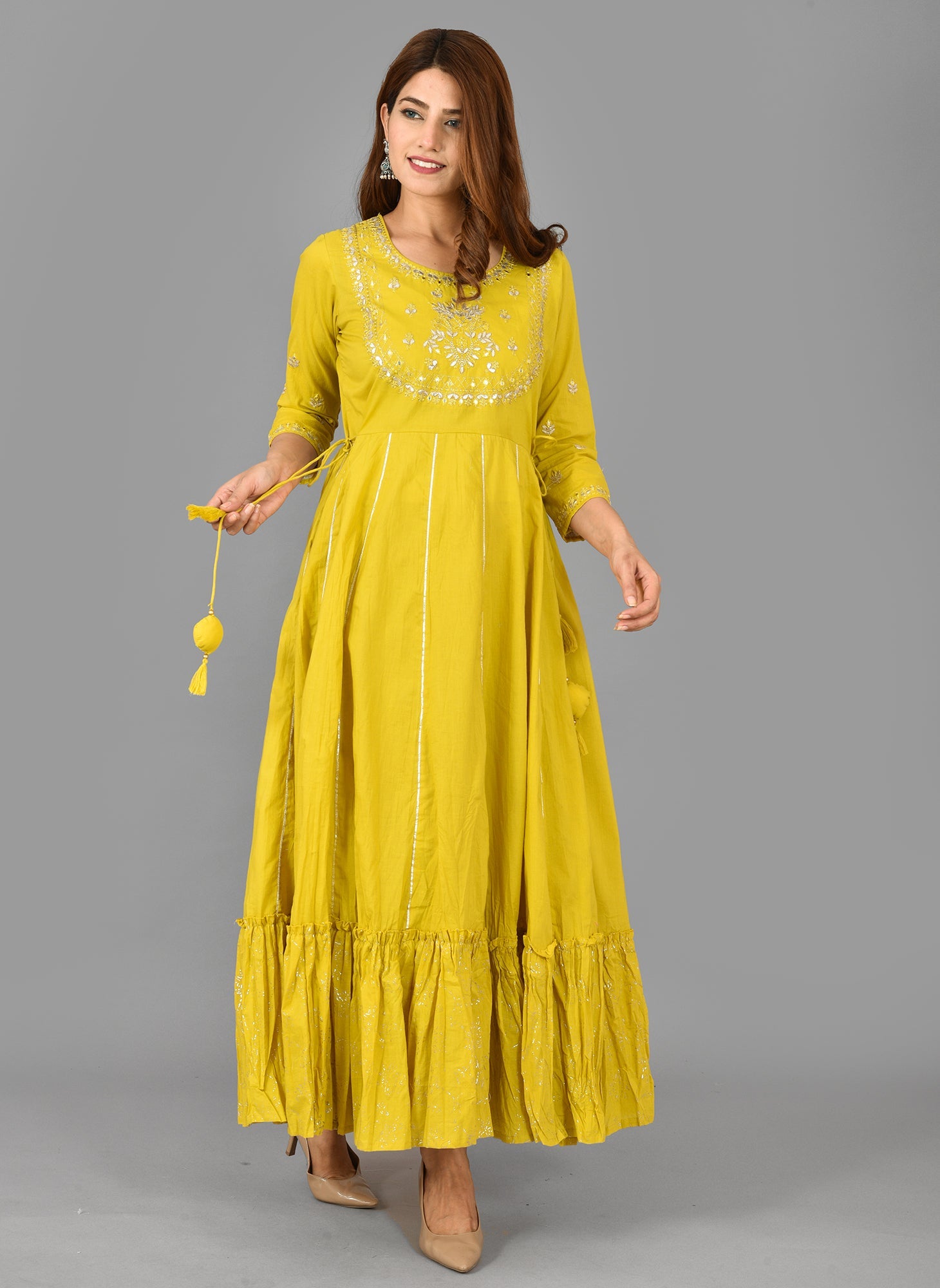 Yellow Solid & Silver Foil Work Pure Cotton Anarkali Dress - DWEEP SARA