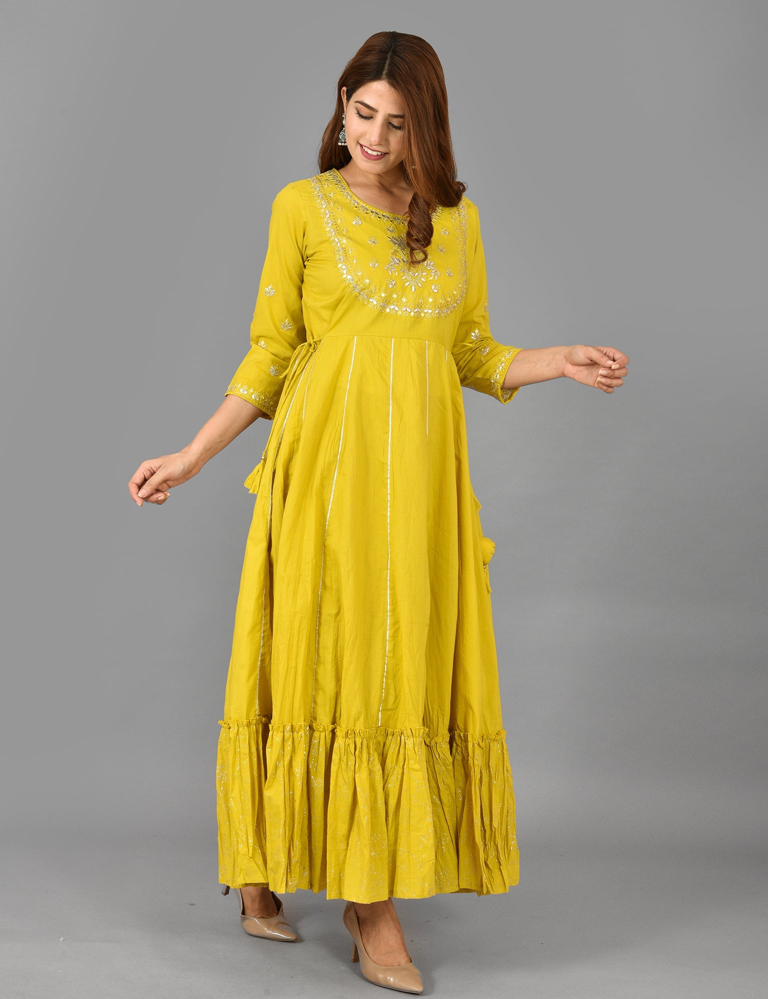 Yellow Solid & Silver Foil Work Pure Cotton Anarkali Dress - DWEEP SARA