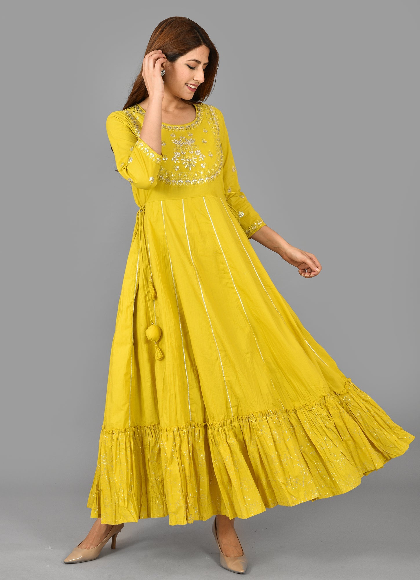 Yellow Solid & Silver Foil Work Pure Cotton Anarkali Dress - DWEEP SARA