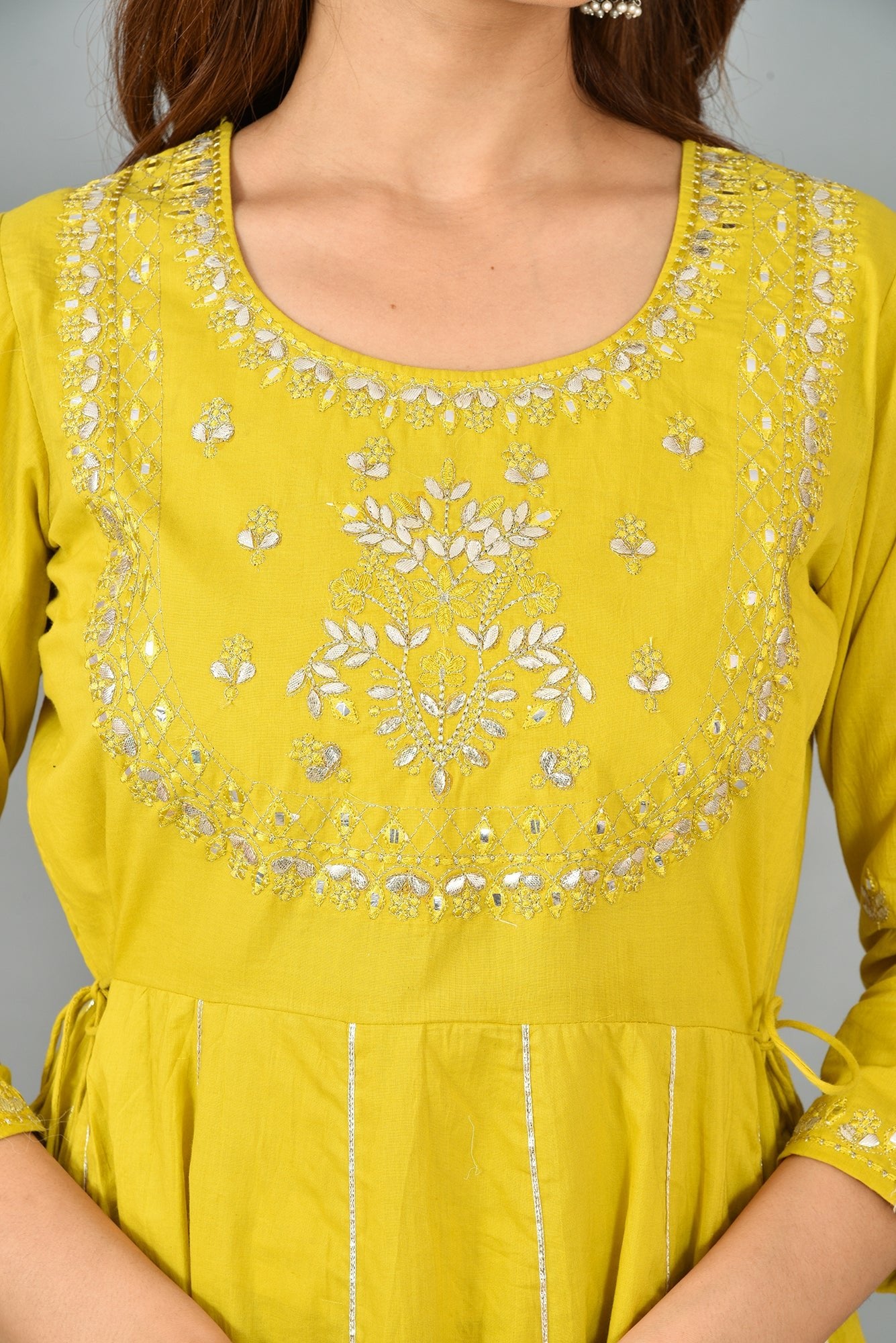 Yellow Solid & Silver Foil Work Pure Cotton Anarkali Dress - DWEEP SARA