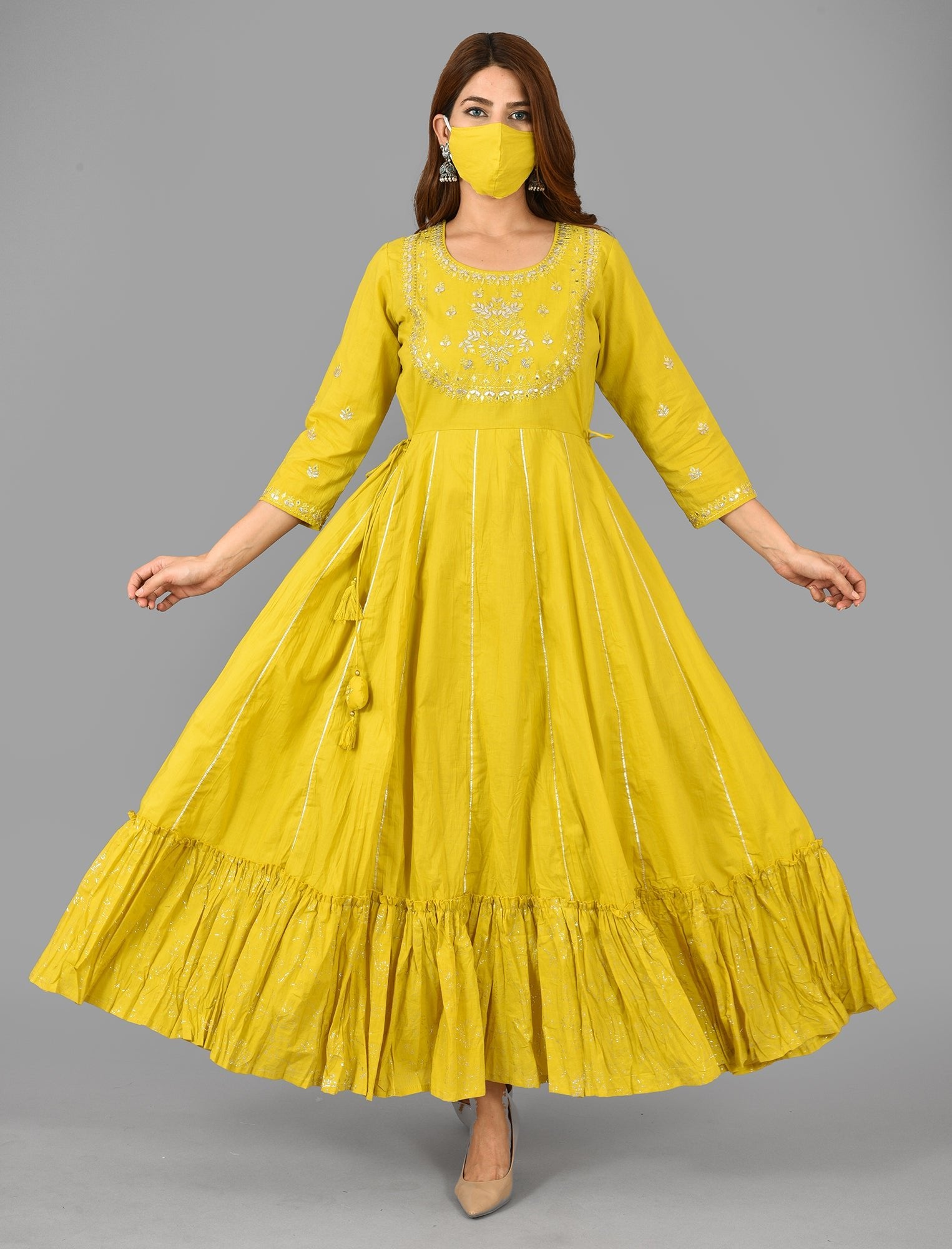 Yellow Solid & Silver Foil Work Pure Cotton Anarkali Dress - DWEEP SARA Yellow Solid & Silver Foil Work Pure Cotton Anarkali Dress - DWEEP SARA