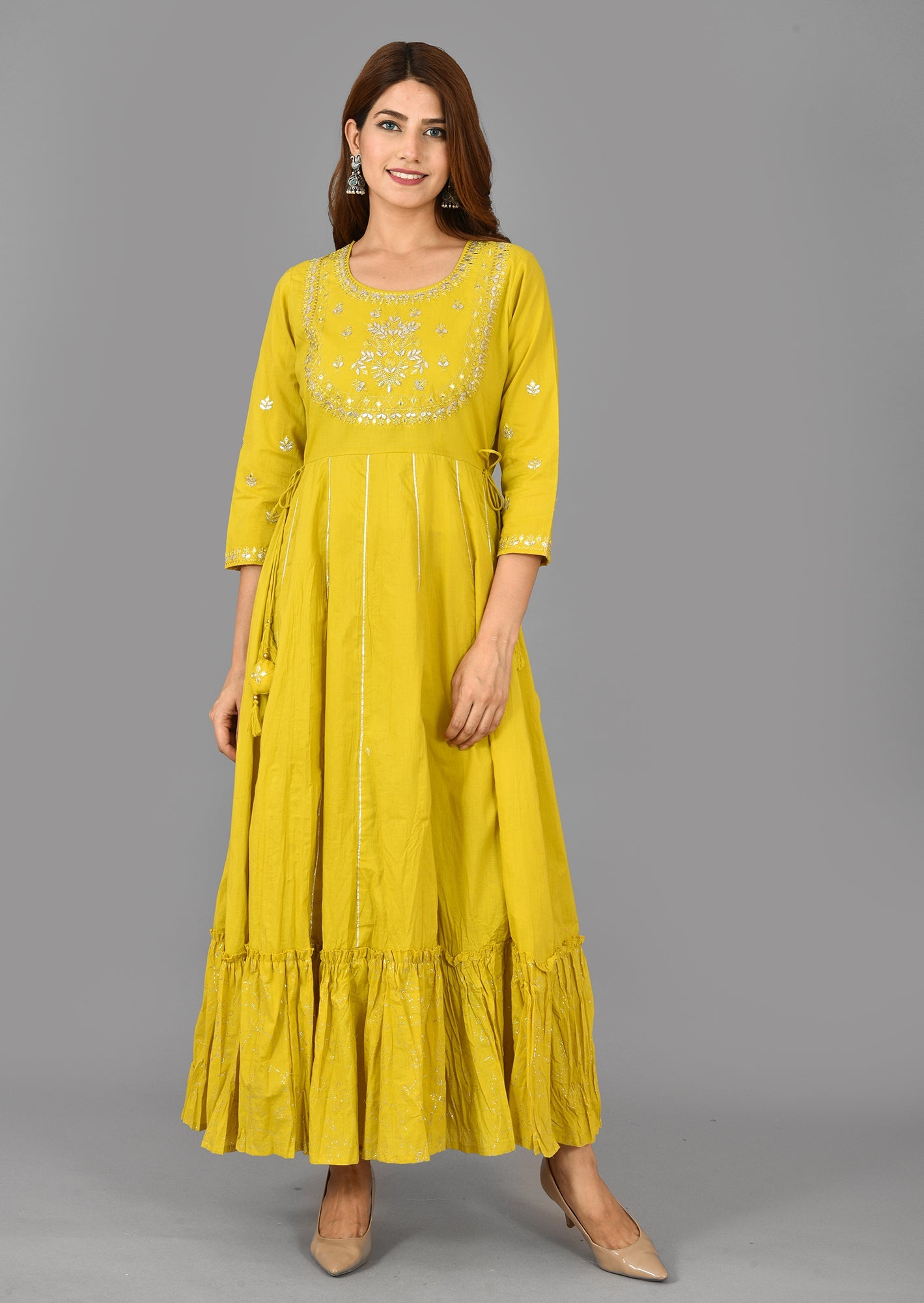 Yellow Solid & Silver Foil Work Pure Cotton Anarkali Dress - DWEEP SARA